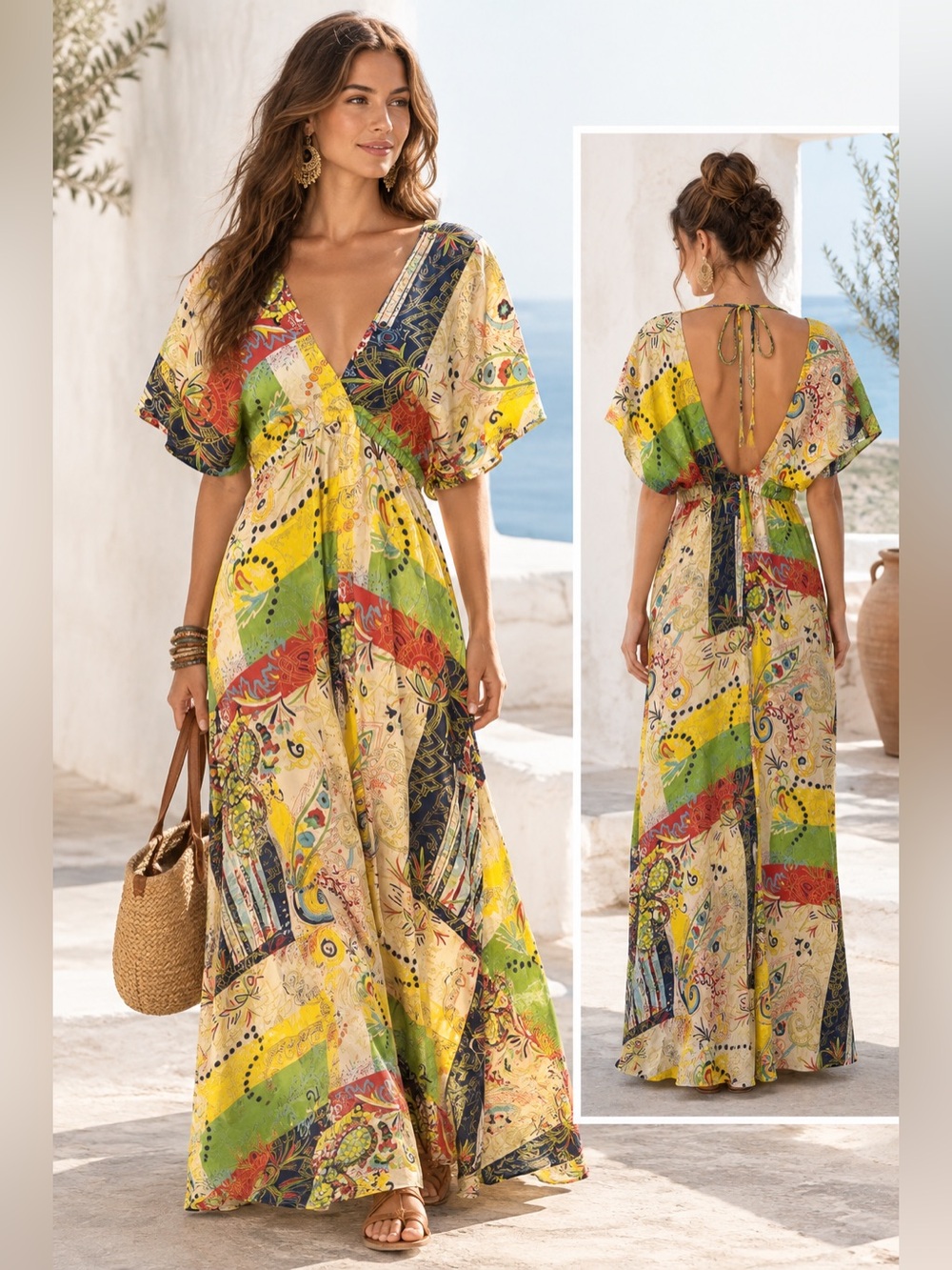 Junior Drake Bohemian Silk V-neck Maxi Dress Multi-Color Whimsical Abstract Y2K